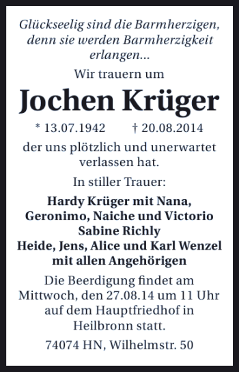 Traueranzeige von Jochen Krüger 