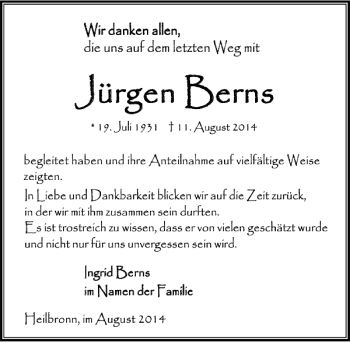 Traueranzeige von Jürgen Berns 