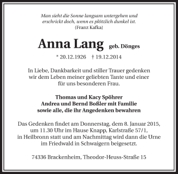 Traueranzeige von Anna Lang 