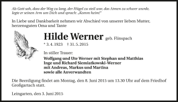 Traueranzeige von Hilde Werner 