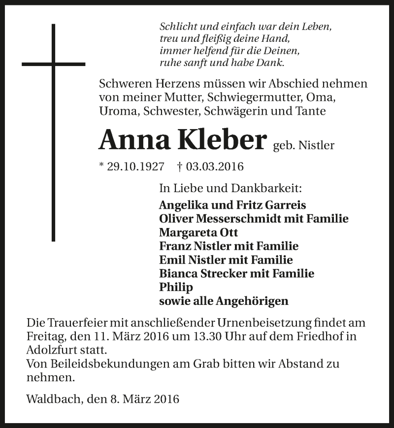  Traueranzeige für Anna Kleber vom 08.03.2016 aus 