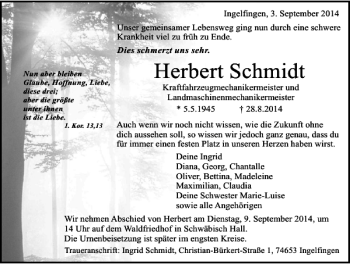 Traueranzeige von Herbert Schmidt 