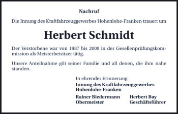 Traueranzeige von Herbert Schmidt 