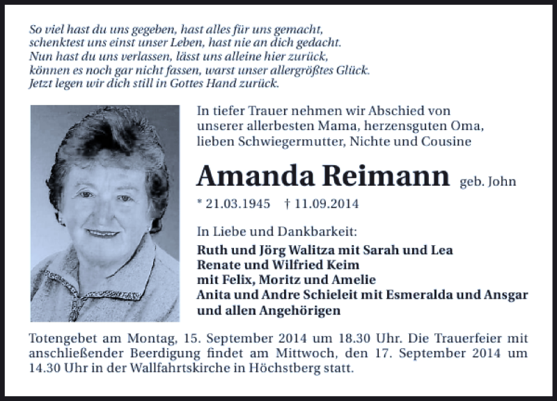 Traueranzeige für Amanda Reimann vom 15.09.2014 aus 