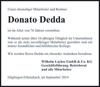 Traueranzeige von Donato Dedda 