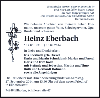 Traueranzeige von Heinz Eberbach 