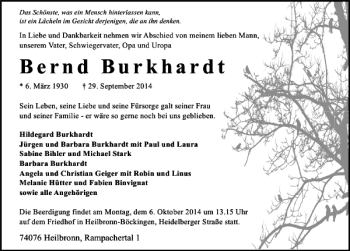 Traueranzeige von Bernd Burkhardt 