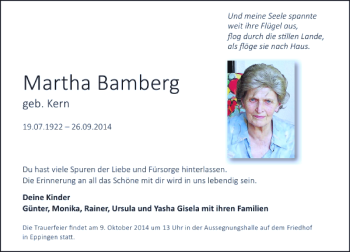 Traueranzeige von Martha Bamberg 