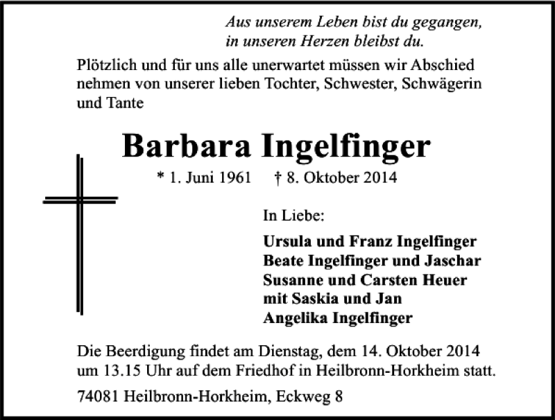  Traueranzeige für Barbara Ingelfinger vom 10.10.2014 aus 