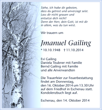 Traueranzeige von Imanuel Gailing 