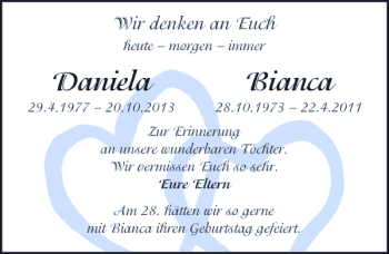 Traueranzeige von Daniela Daniela Bianca 