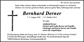 Traueranzeige von Bernhard Derner 