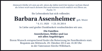 Traueranzeige von Barbara Assenheimer 