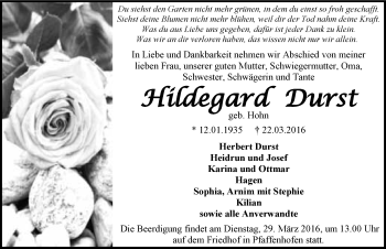Traueranzeige von Hildegard Durst 
