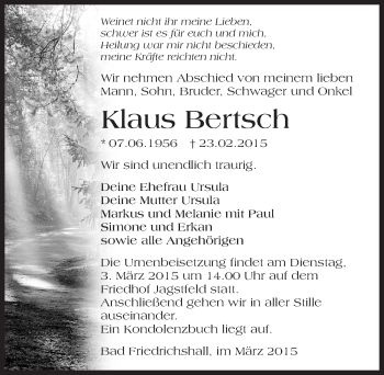 Traueranzeige von Klaus Bertsch 