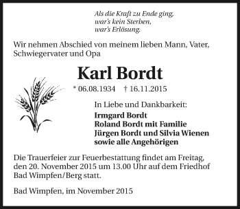 Traueranzeige von Karl Bordt 