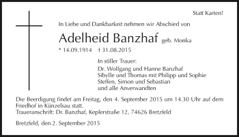 Traueranzeige von Adelheid Banzhaf 