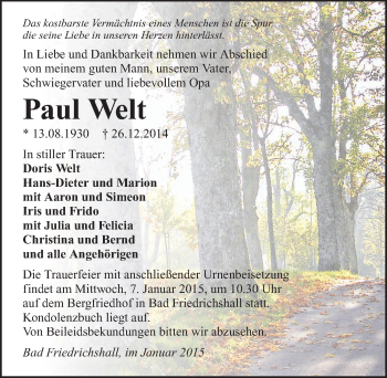 Traueranzeige von Paul Welt 