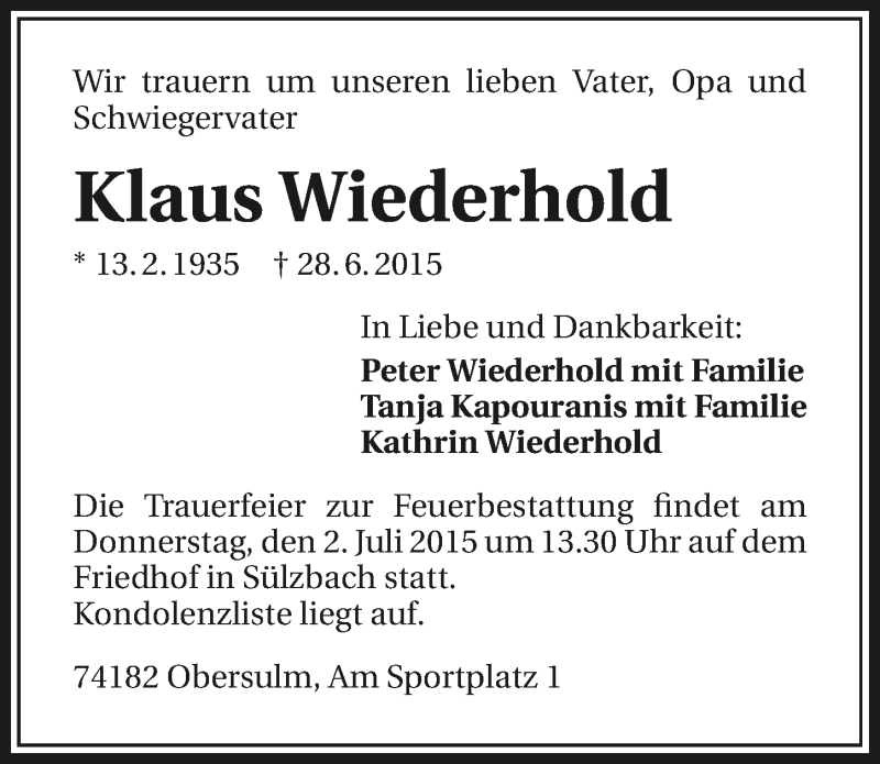 Traueranzeigen Von Klaus Wiederhold | Www.trauerundgedenken.de