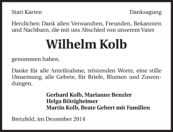 Traueranzeige von Wilhelm Kolb 