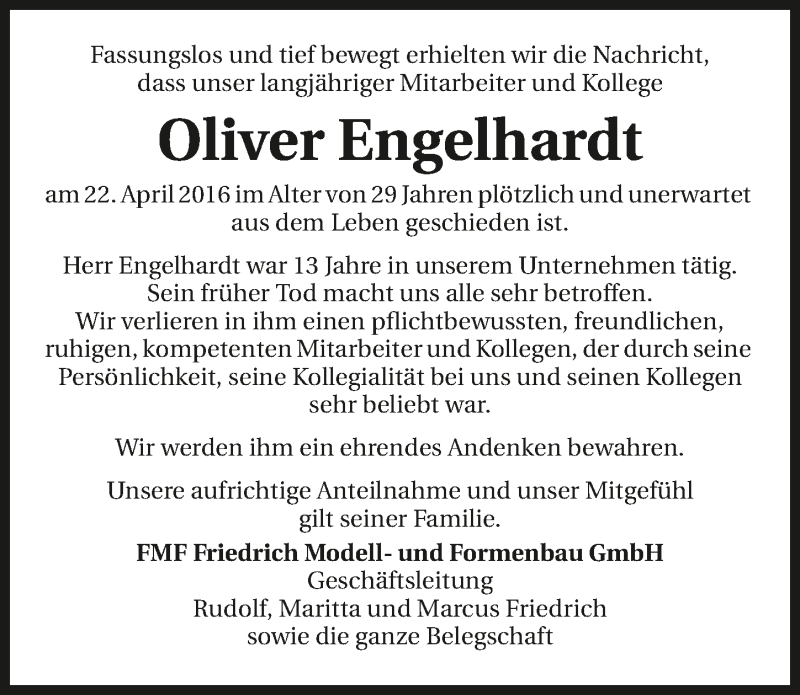  Traueranzeige für Oliver Engelhardt vom 04.05.2016 aus 