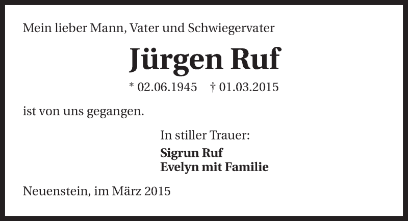  Traueranzeige für Jürgen Ruf vom 03.03.2015 aus 
