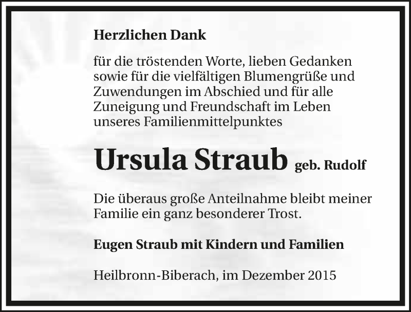  Traueranzeige für Ursula Straub vom 19.12.2015 aus 