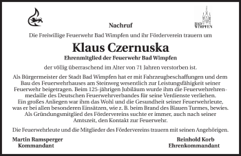 Traueranzeige von Klaus Czernuska 