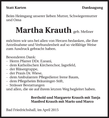 Traueranzeige von Martha Krauth 