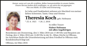 Traueranzeige von Theresia Koch 