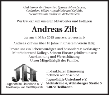 Traueranzeige von Andreas Zilt 