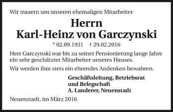 Traueranzeige von Karl-Heinz von Garczynski 