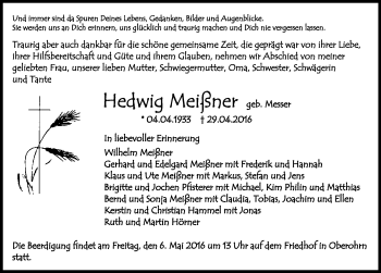 Traueranzeige von Hedwig Meißner 