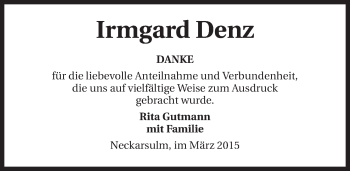 Traueranzeige von Irmgard Denz 