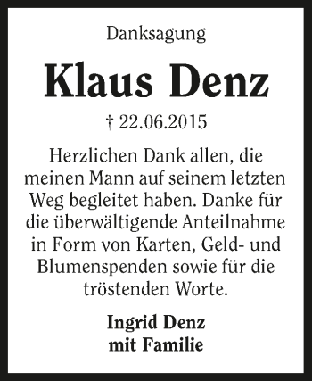 Traueranzeige von Klaus Denz 