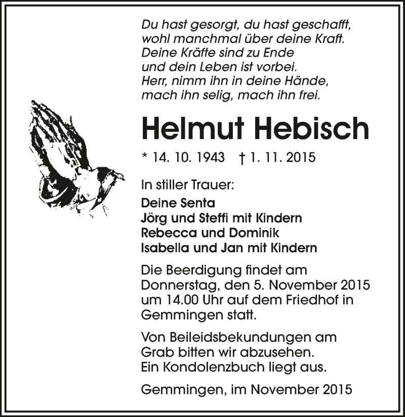  Traueranzeige für Helmut Hebisch vom 03.11.2015 aus 