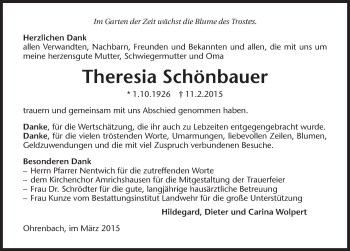 Traueranzeige von Theresia Schönbauer 
