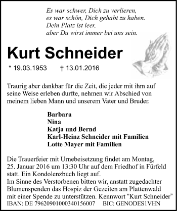 Traueranzeige von Kurt Schneider 