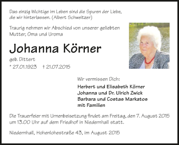 Traueranzeige von Johanna Körner 