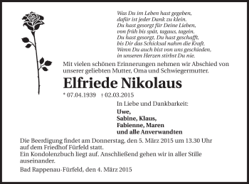 Traueranzeige von Elfriede Nikolaus 