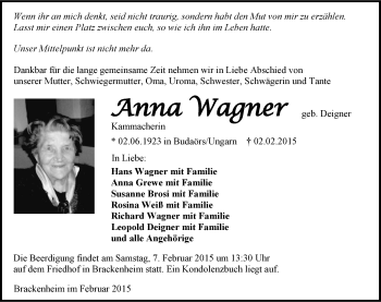 Traueranzeige von Anna Wagner 