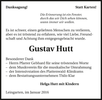 Traueranzeige von Gustav Hutt 