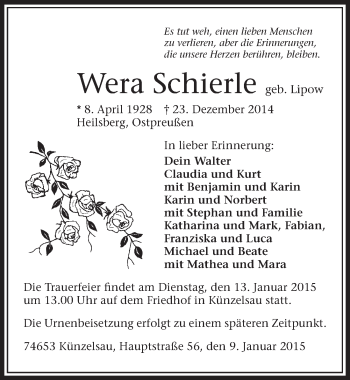 Traueranzeige von Wera Schierle 