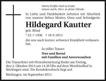 Traueranzeige von Hildegard Kautter 