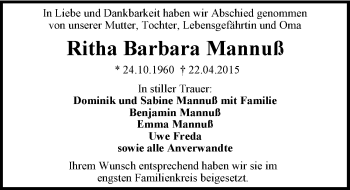 Traueranzeige von Ritha Barbara Mannuß 