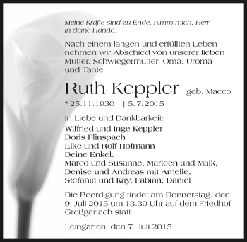 Traueranzeige von Ruth Keppler 