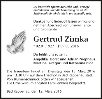 Traueranzeige von Gertrud Zimka 