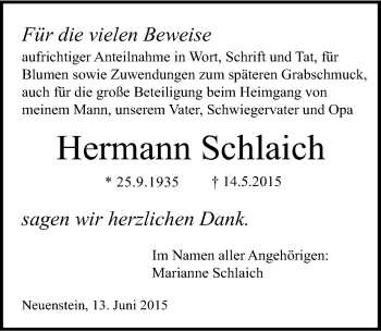 Traueranzeige von Hermann Schlaich 