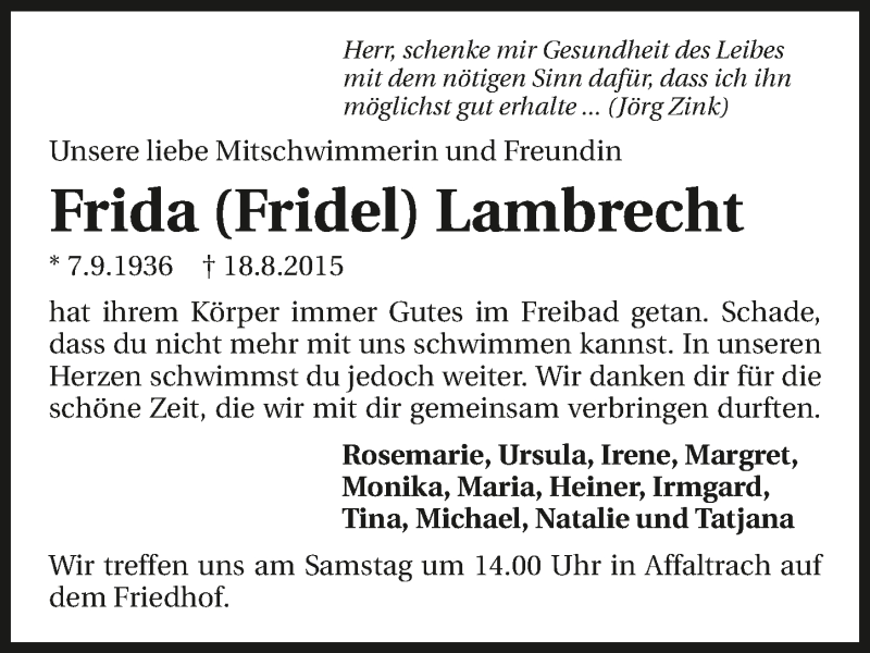  Traueranzeige für Frida Lambrecht vom 21.08.2015 aus 