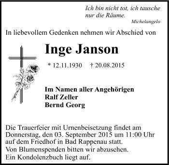 Traueranzeige von Inge Janson 